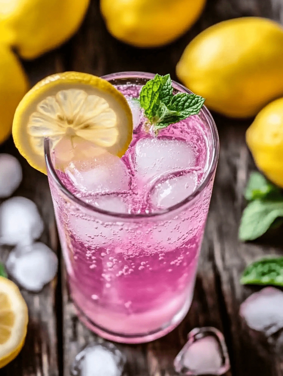 Glass of pink sparkling drink with ice, lemon, and mint, inspired by the Pink Salt Trick Recipe